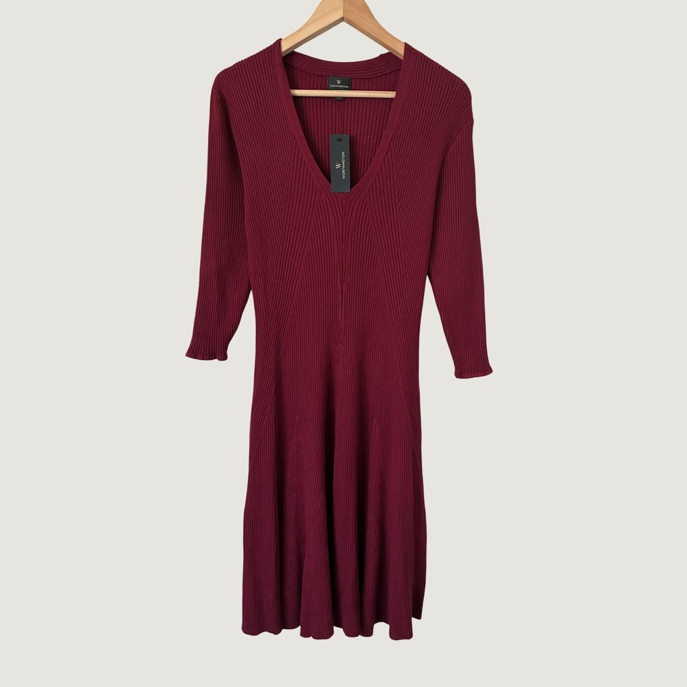 Worthington Burgundy Ribbed V-Neck Fit and Flare Sweater Dress NWT 3/4 Sleeve XL